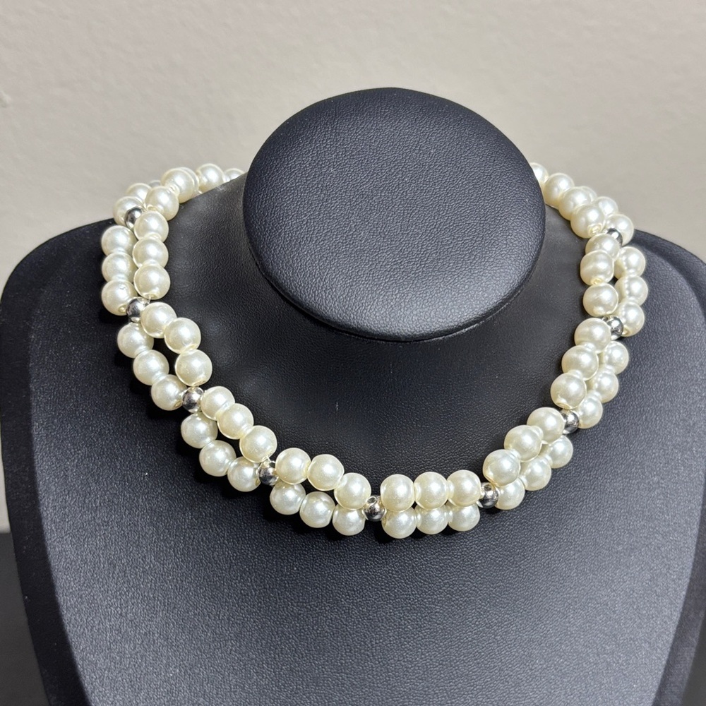 Classic Double-Strand Pearl Choker Silver Tone Necklace